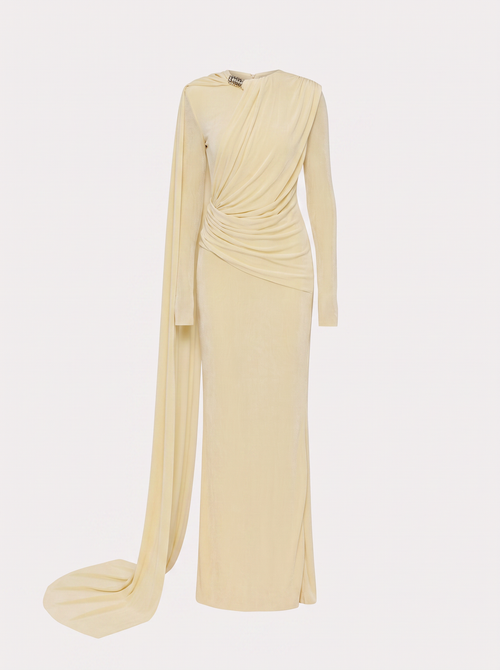 Yellow cape-drape ruched maxi dress with high neck