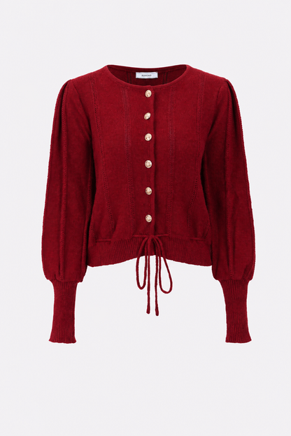 Red lantern sleeve button-front knit cardigan