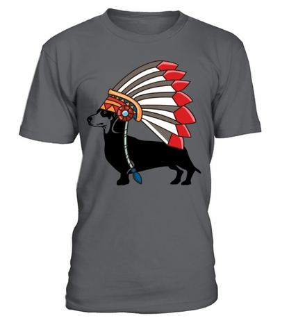 Dachshund Dog Native American Indian Feathers Hat T-Shirt - Charcoal