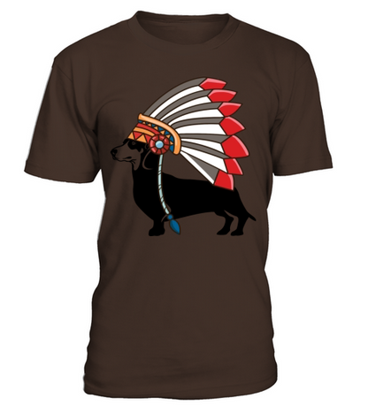 Dachshund Dog Native American Indian Feathers Hat T-Shirt - Dark Chocolate