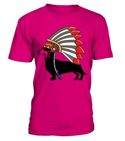 Dachshund Dog Native American Indian Feathers Hat T-Shirt - Dark Pink