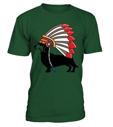 Dachshund Dog Native American Indian Feathers Hat T-Shirt - Green Bottle