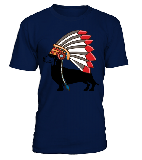 Dachshund Dog Native American Indian Feathers Hat T-Shirt - Navy