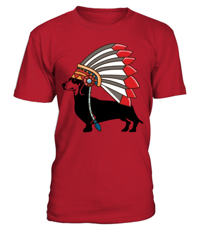 Dachshund Dog Native American Indian Feathers Hat T-Shirt - Red