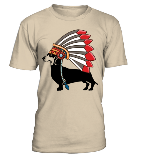 Dachshund Dog Native American Indian Feathers Hat T-Shirt - Sand