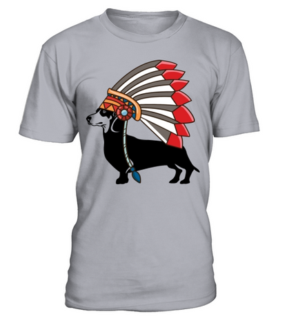Dachshund Dog Native American Indian Feathers Hat T-Shirt - Sport Grey