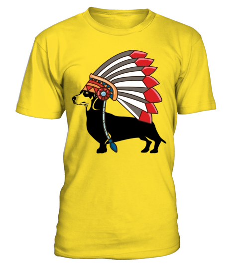Dachshund Dog Native American Indian Feathers Hat T-Shirt - Yellow