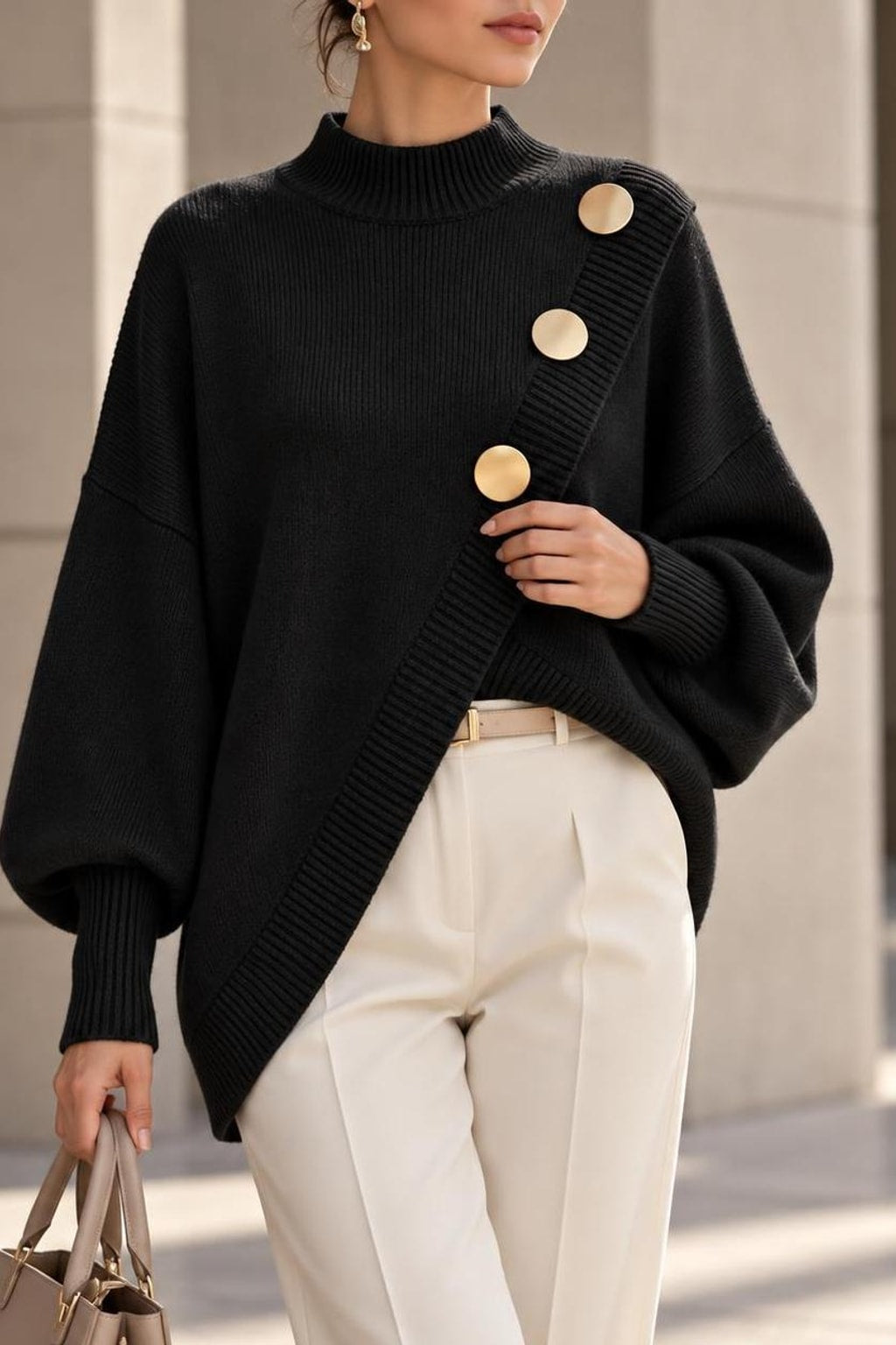 Soft Knit Asymmetrical Hem Button Pullover Sweater - 6