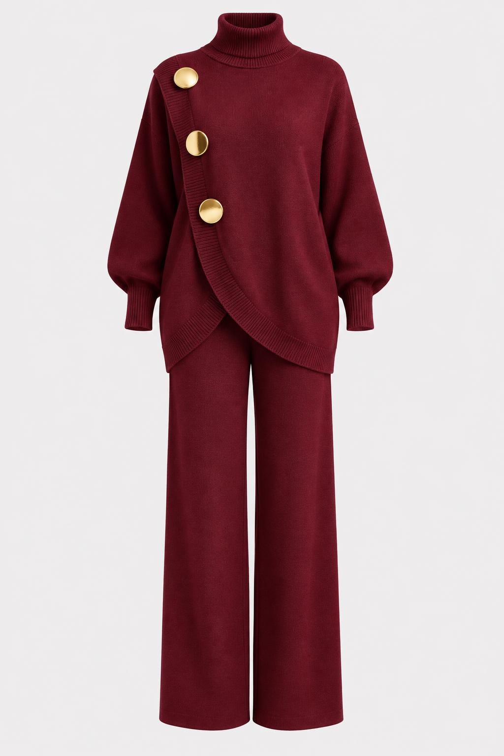 Knit Two-Piece Set With High Neck And Wide Leg Pants - 1