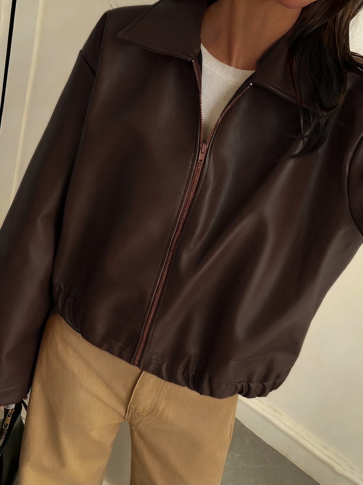 Cropped Faux Leather Zip Jacket with Collar - view 6
