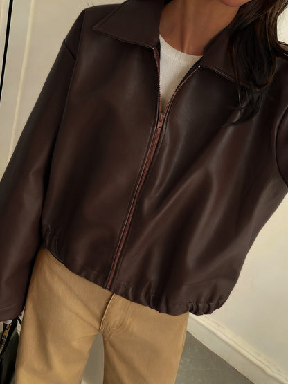 Cropped Faux Leather Zip Jacket with Collar - view 6