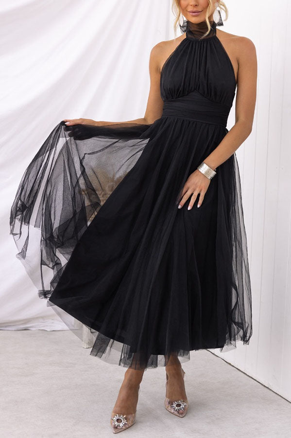 Tulle halter maxi dress with gathered bodice - view 6