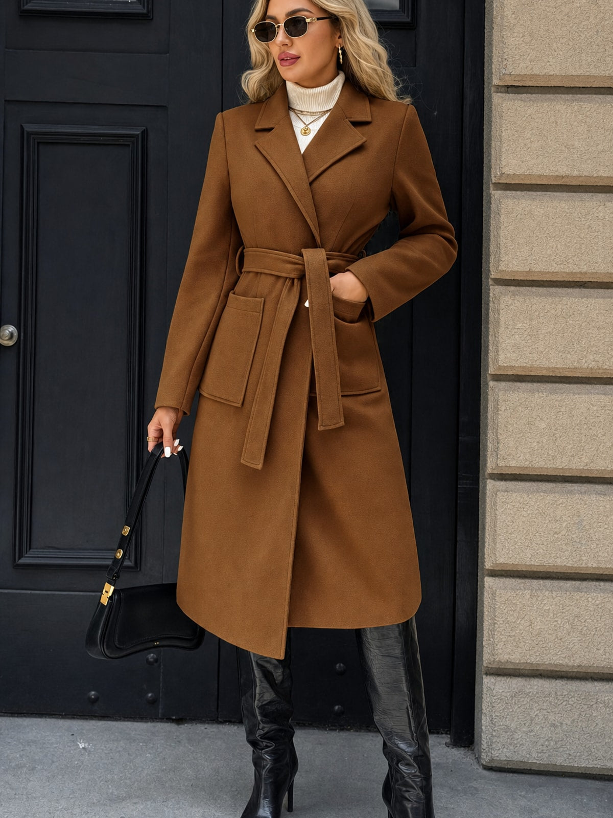 Warm Tailored Belted Long Coat With Adjustable Waist Tie - 6