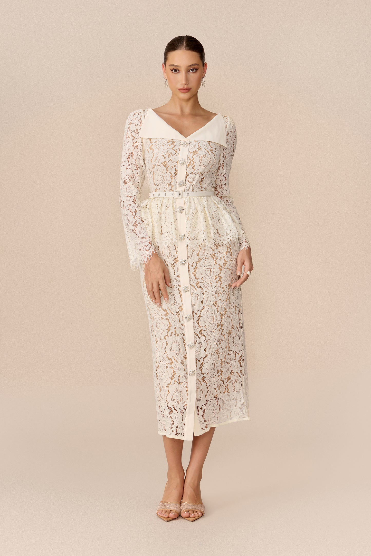 Floral Lace Midi Dress with Belted Lapel Collar - view 2