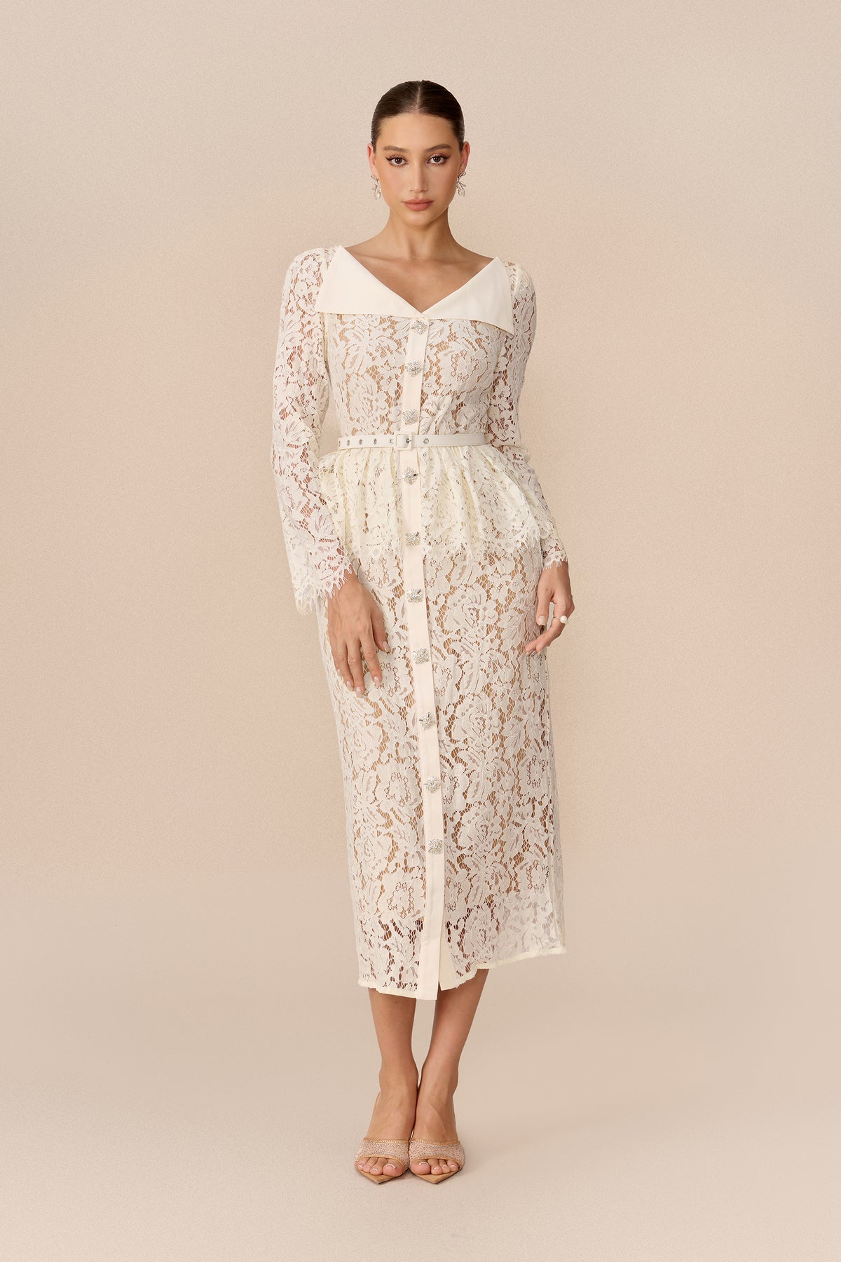 Floral Lace Midi Dress with Belted Lapel Collar - view 2