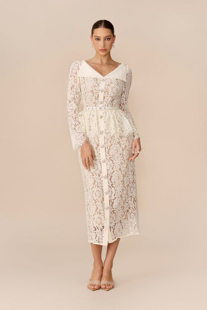 Floral Lace Midi Dress with Belted Lapel Collar - view 2