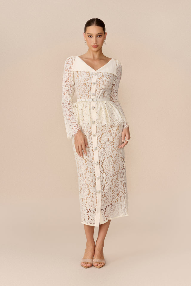 Lace Midi Dress With Belted Lapel Collar - 2