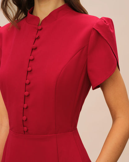 Red petal sleeve mini dress with mandarin collar - view 5