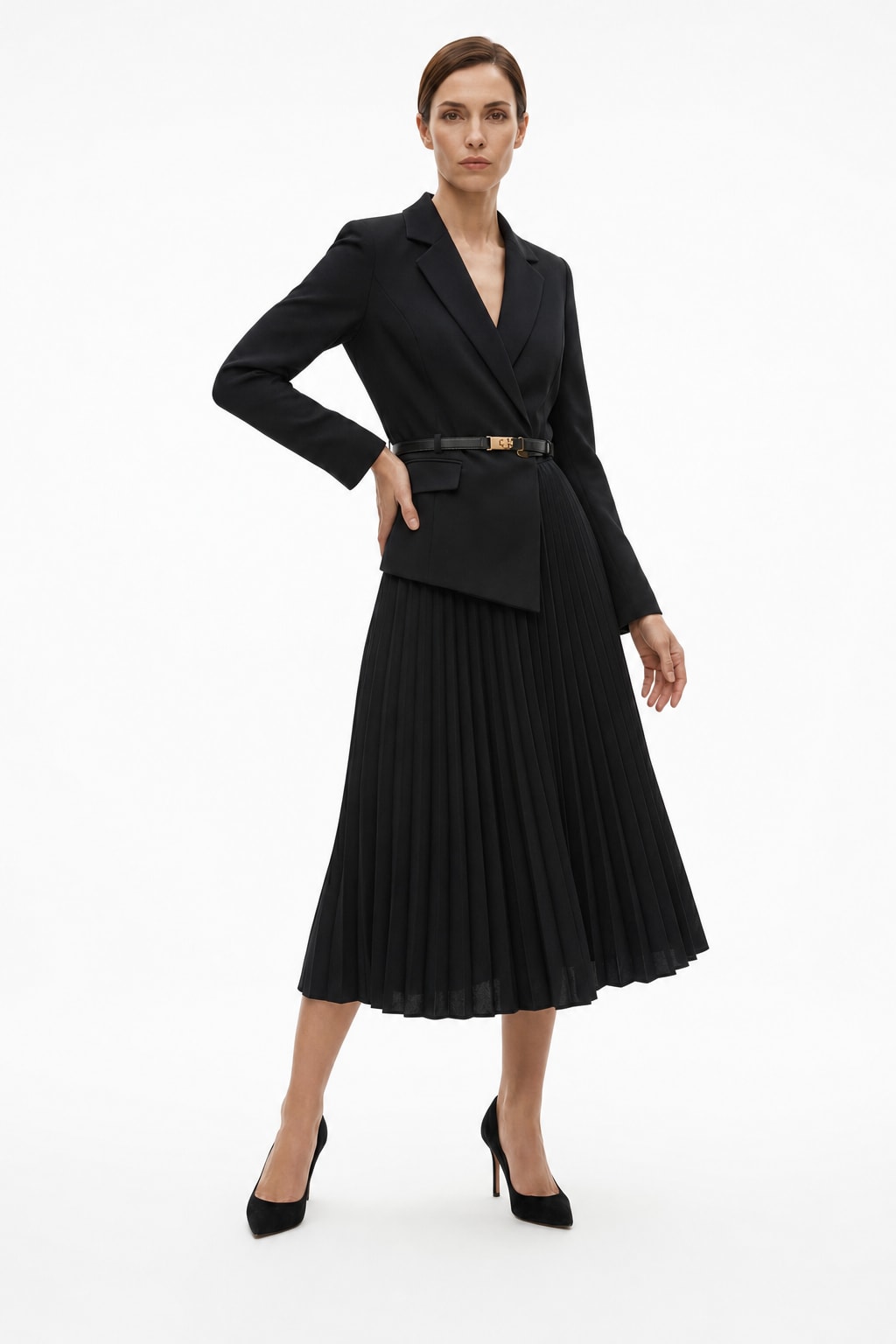 Woven Blazer & Patchwork Pleated Skirt Set - 5