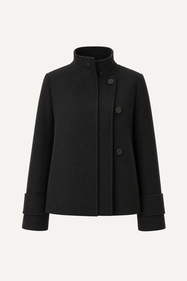 Black wool-blend short jacket with high collar
