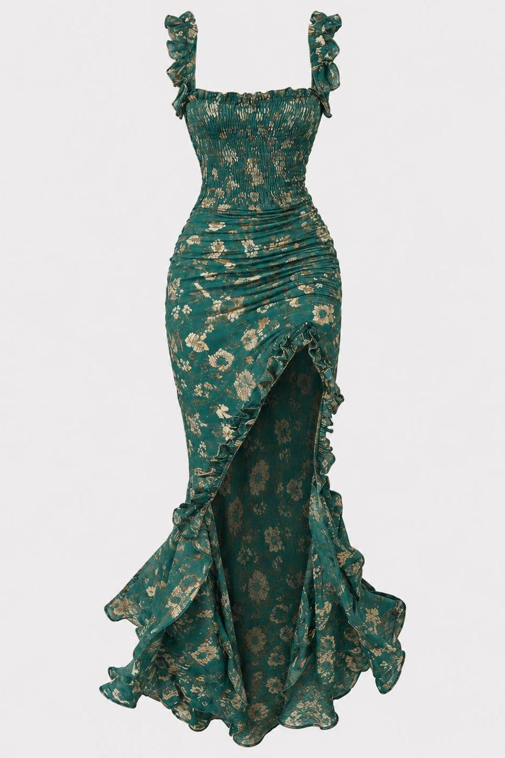 Woven Ruffled-Sleeve High-Slit Maxi Dress - 1