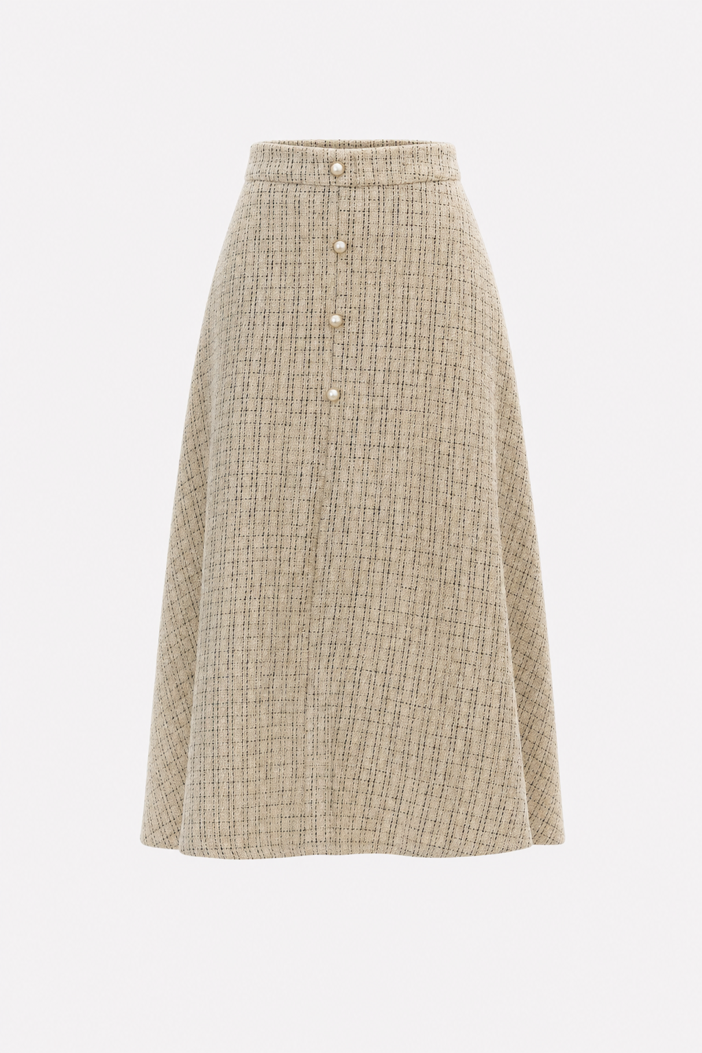 Beige High-Waisted Tweed Midi Skirt