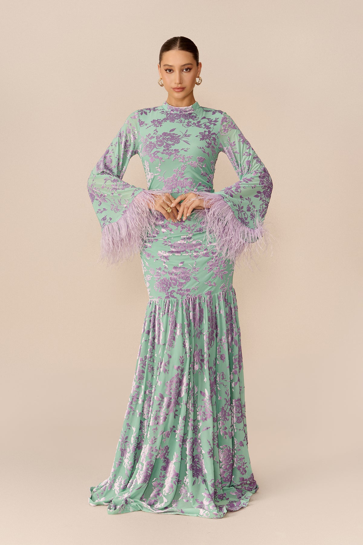 Blue velvet floral maxi dress with feather cuffs - view 5