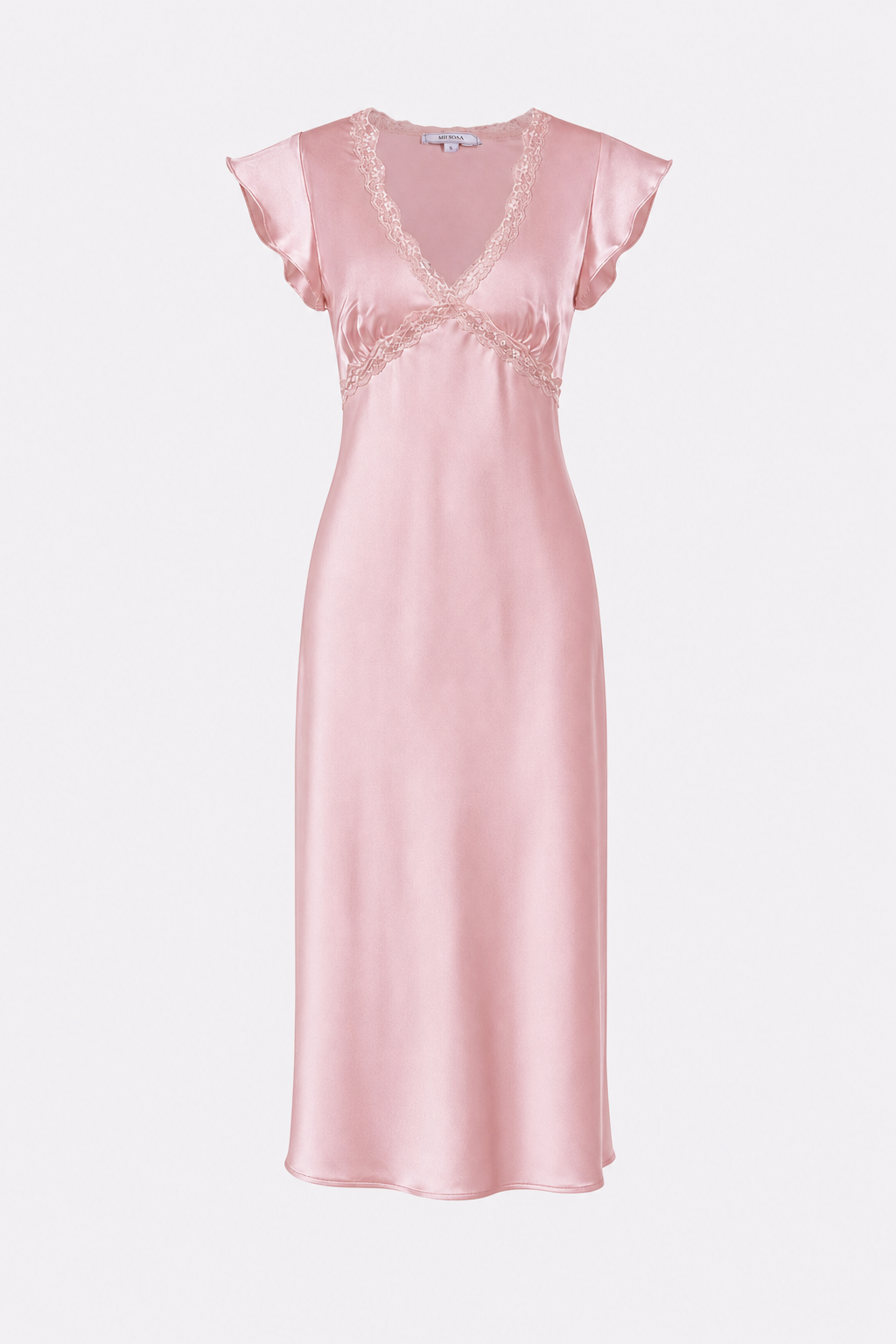 Pink V-Neck Lace Satin Midi Dress