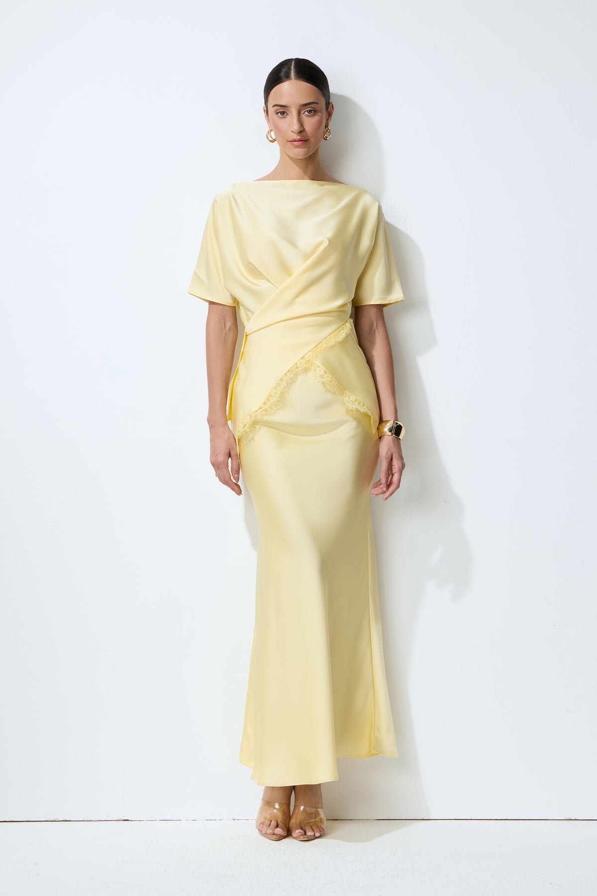 Yellow satin blouse and skirt set with lace trim - view 2