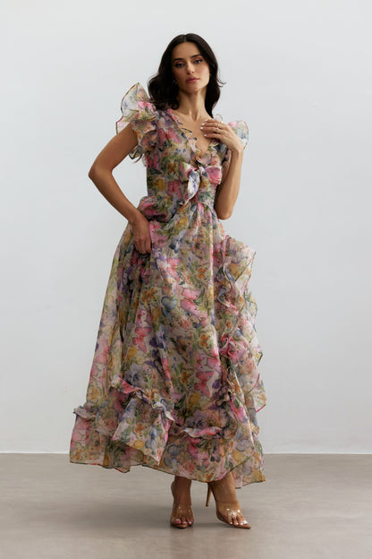 Floral Butterfly Print Chiffon Maxi Dress - view 5