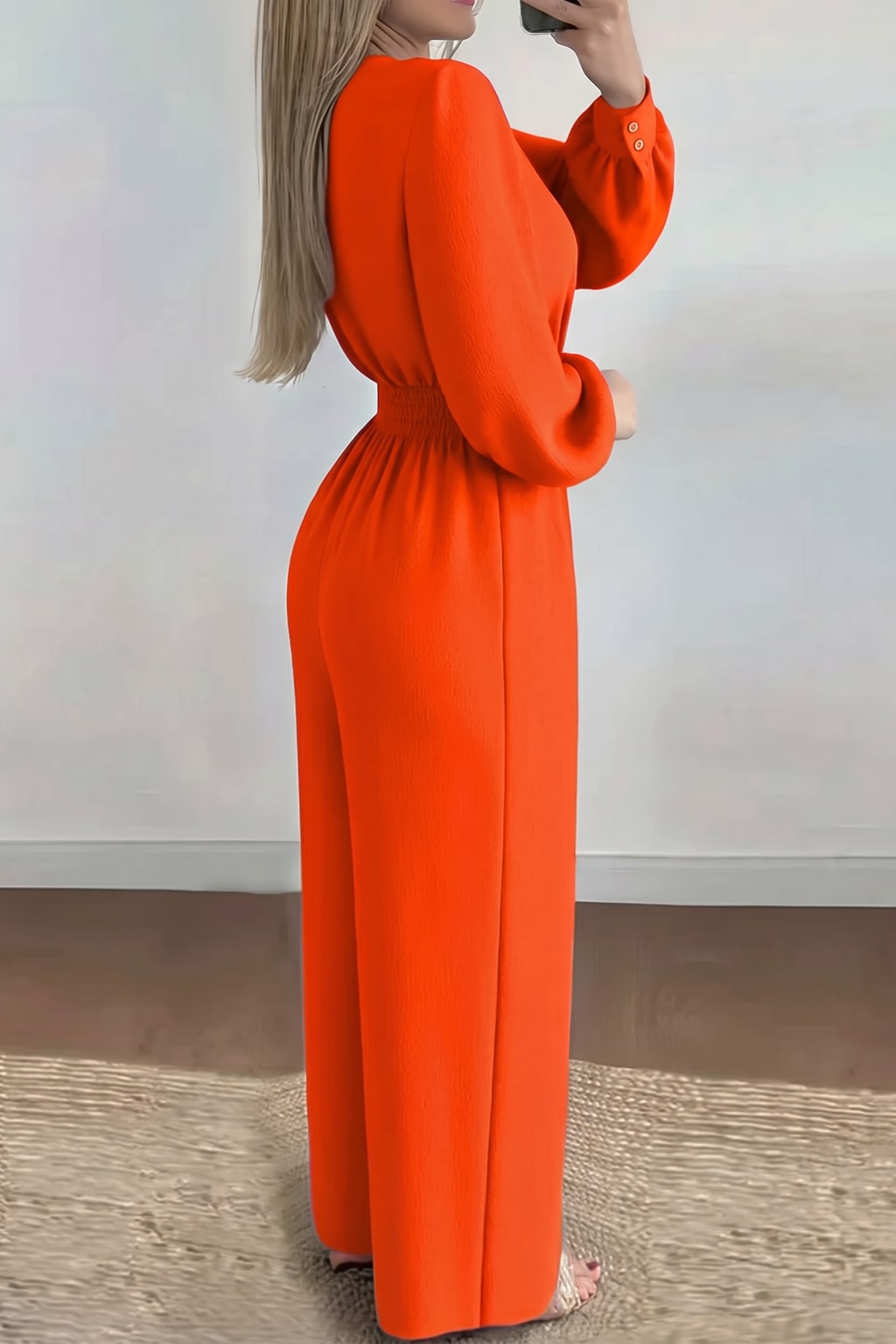 Cotton Long Sleeve Wide Leg Jumpsuit With Belt - 3