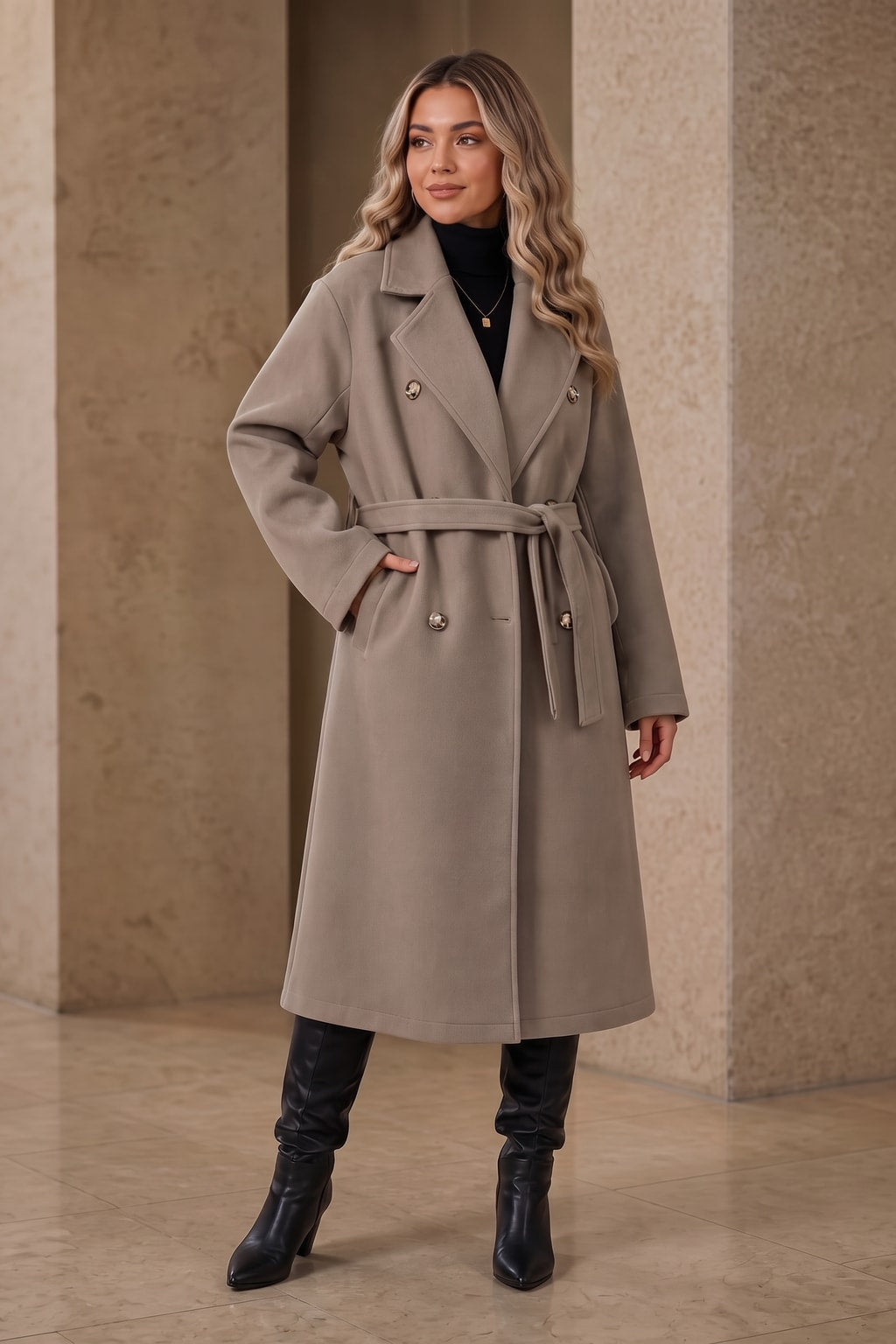 Wool-Look Belted Double-Breasted Long Coat - 2