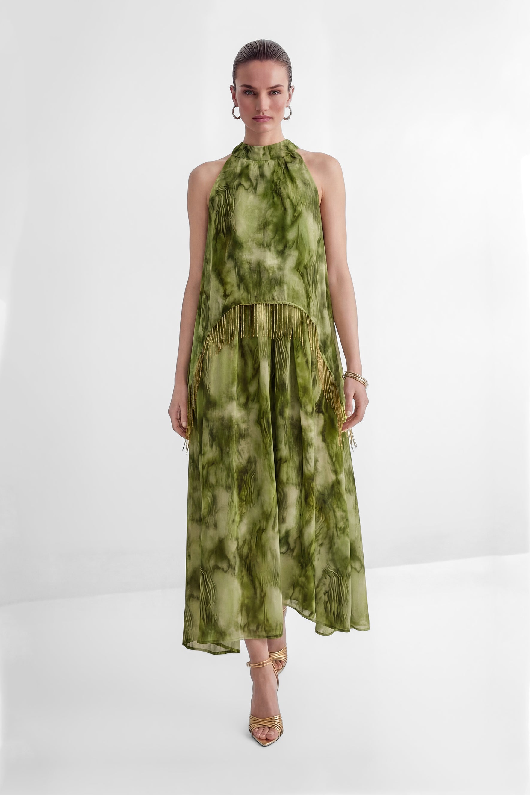 Green Tie-Dye Halter Maxi Dress with Fringe - view 2