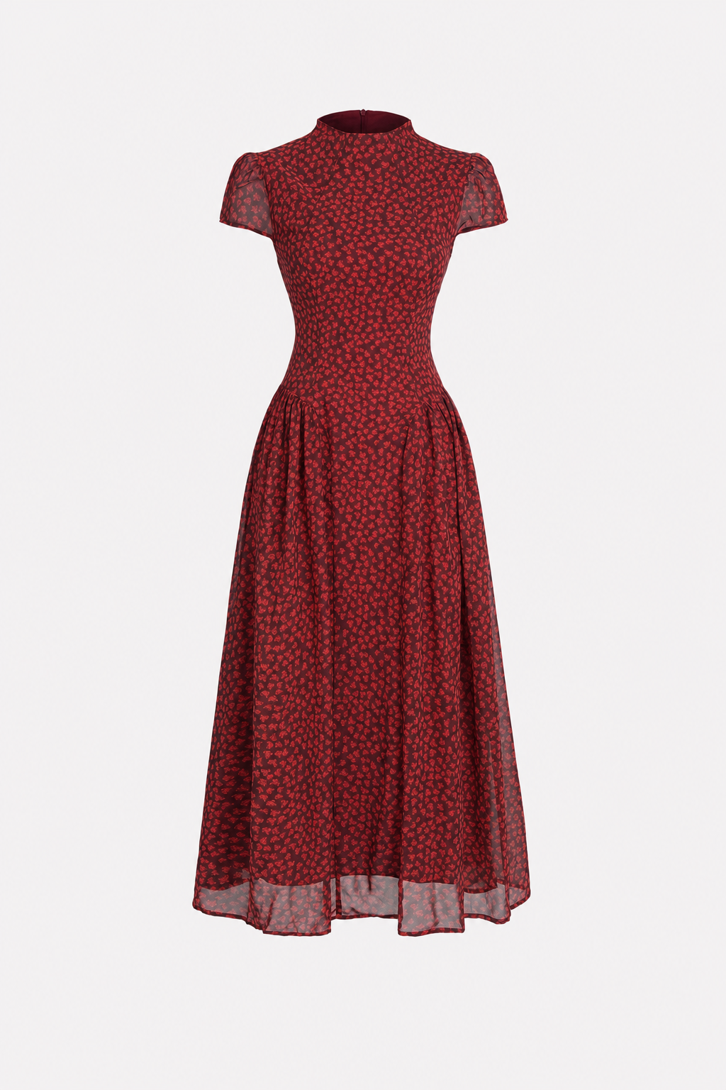 Red floral chiffon maxi dress with cap sleeves