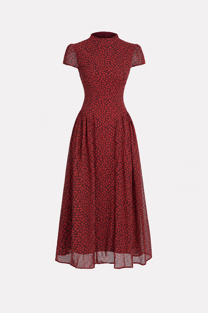 Red floral chiffon maxi dress with cap sleeves