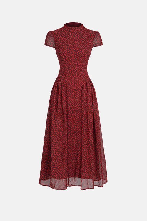 Red floral chiffon maxi dress with cap sleeves
