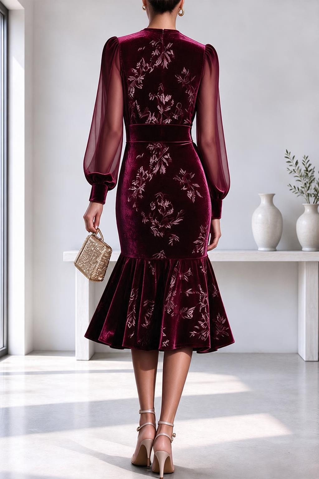 Polyester Dress With Sheer Sleeves - 4