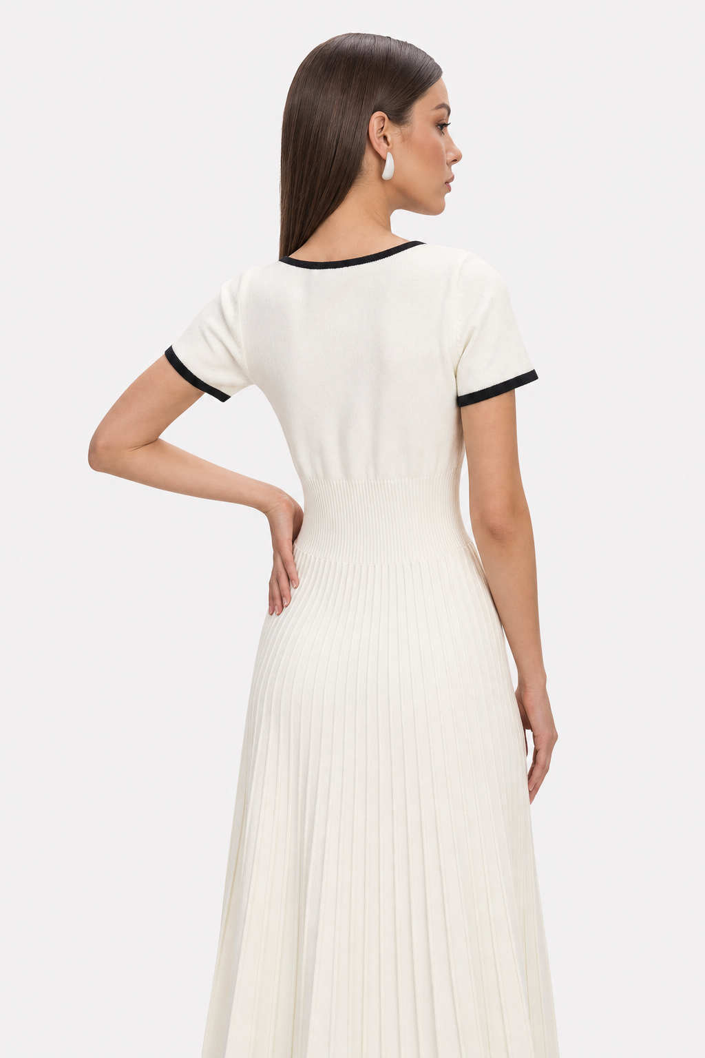 White soft knit sweater midi dress with contrast trim - view 5