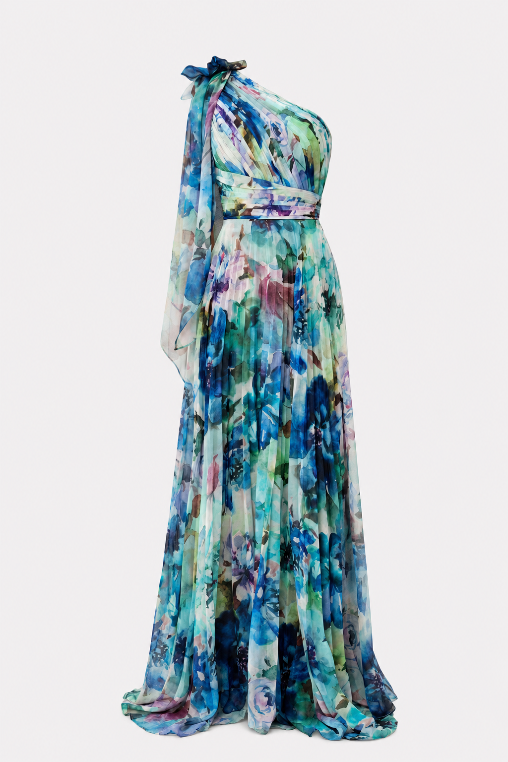 Blue One-Shoulder Pleated Chiffon Maxi Dress
