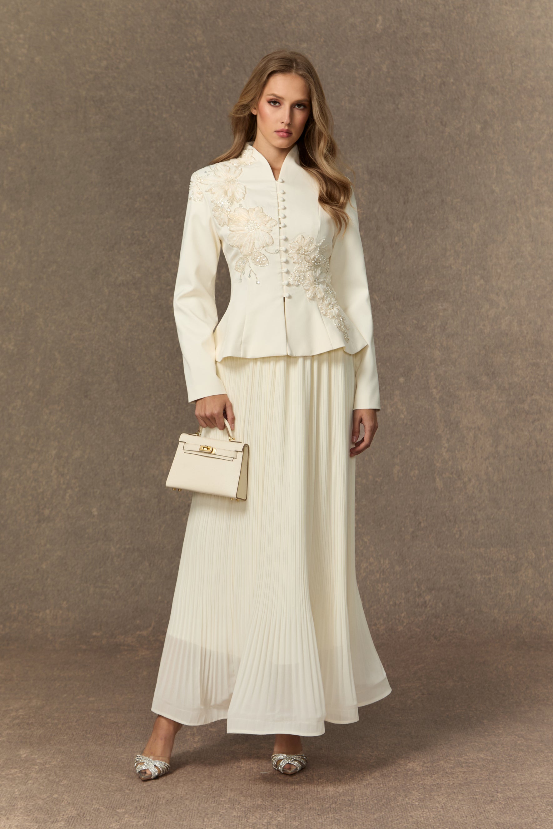 Lace applique peplum jacket and pleated skirt set - view 5