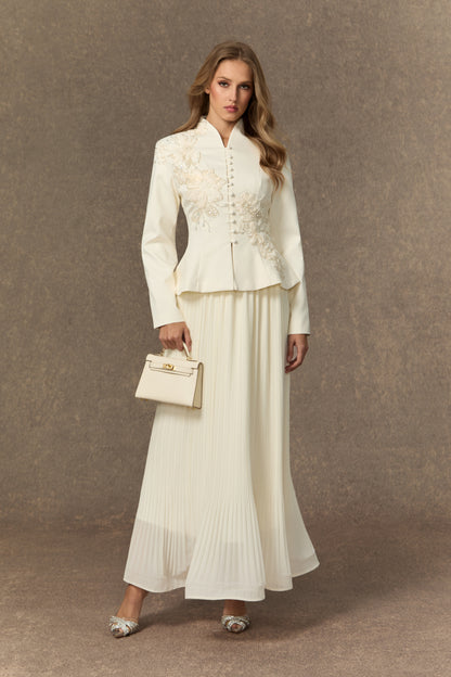 Lace applique peplum jacket and pleated skirt set - view 5