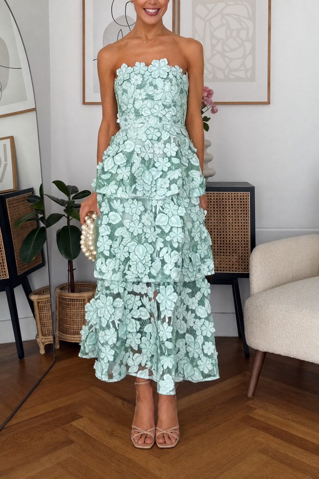 Green Embroidered Off Shoulder Tiered Maxi Dress - 6
