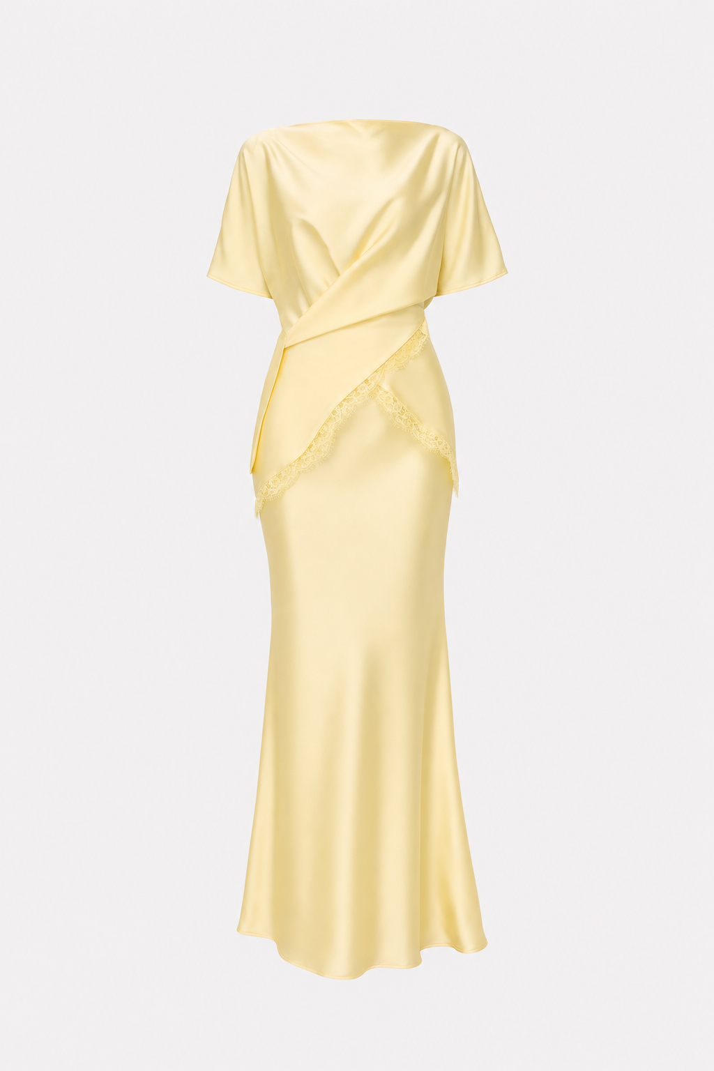 Yellow satin blouse and skirt set with lace trim