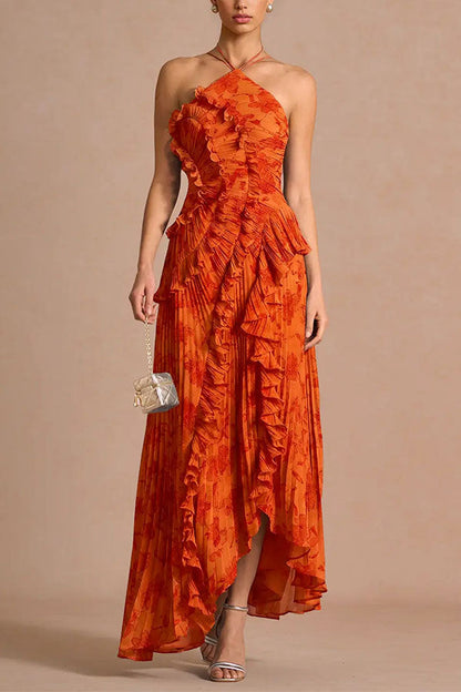 Pleated Halter Maxi Dress With Ruffle Trim - view 6