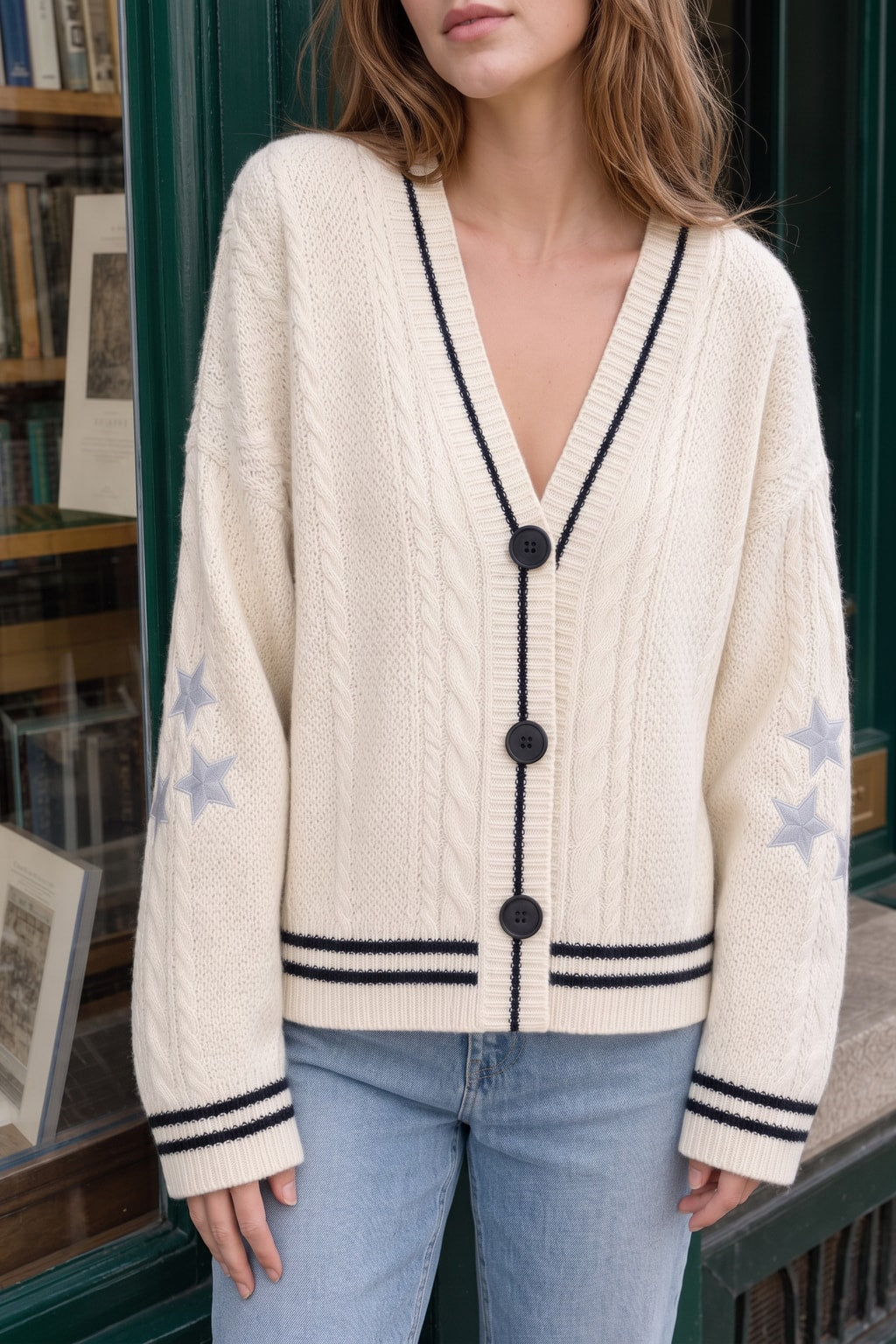 Knit Cable Cardigan With V-Neck Button Front - 3