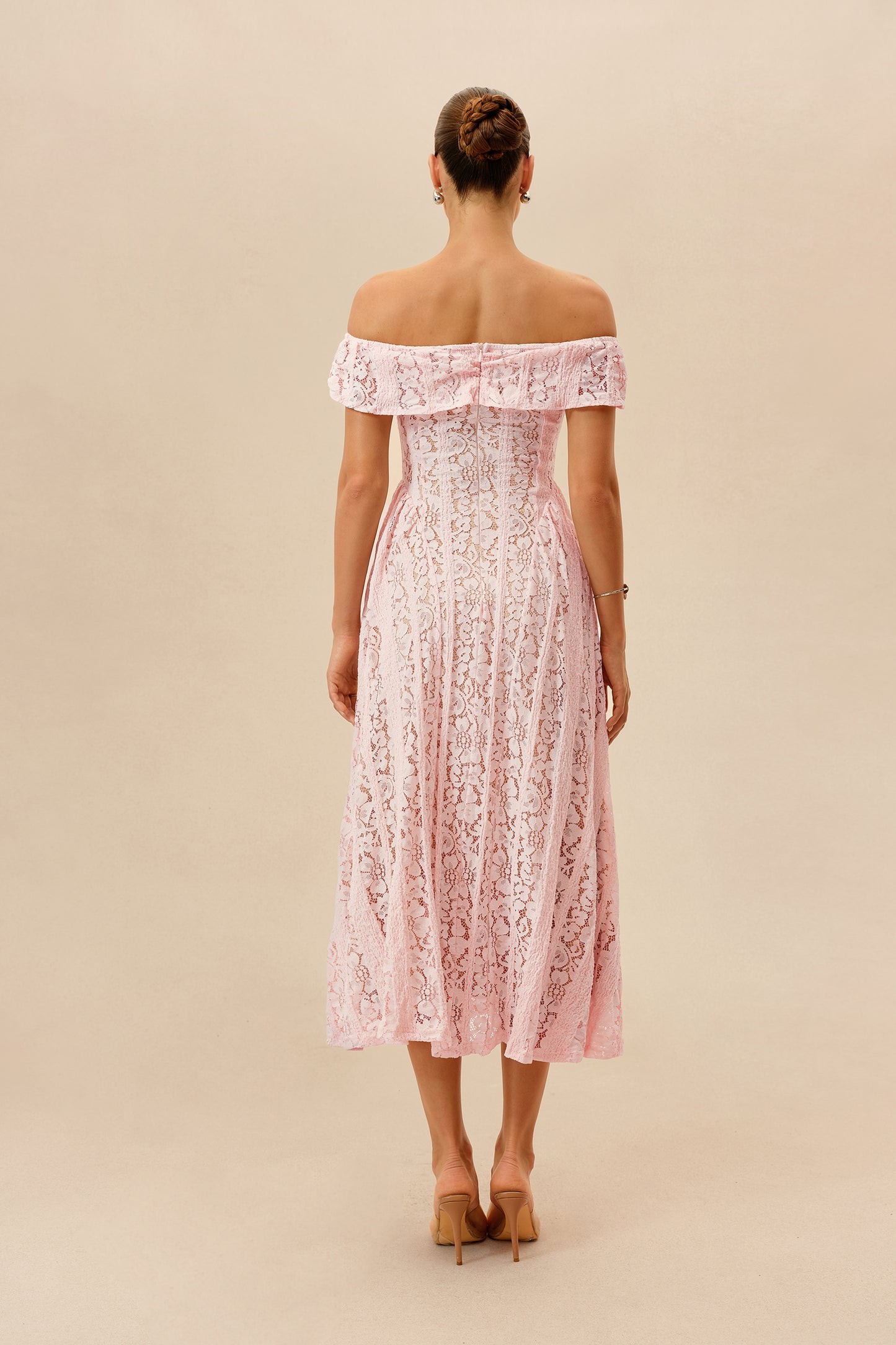 Off-Shoulder Floral Lace Midi Dress in Pink - view 4