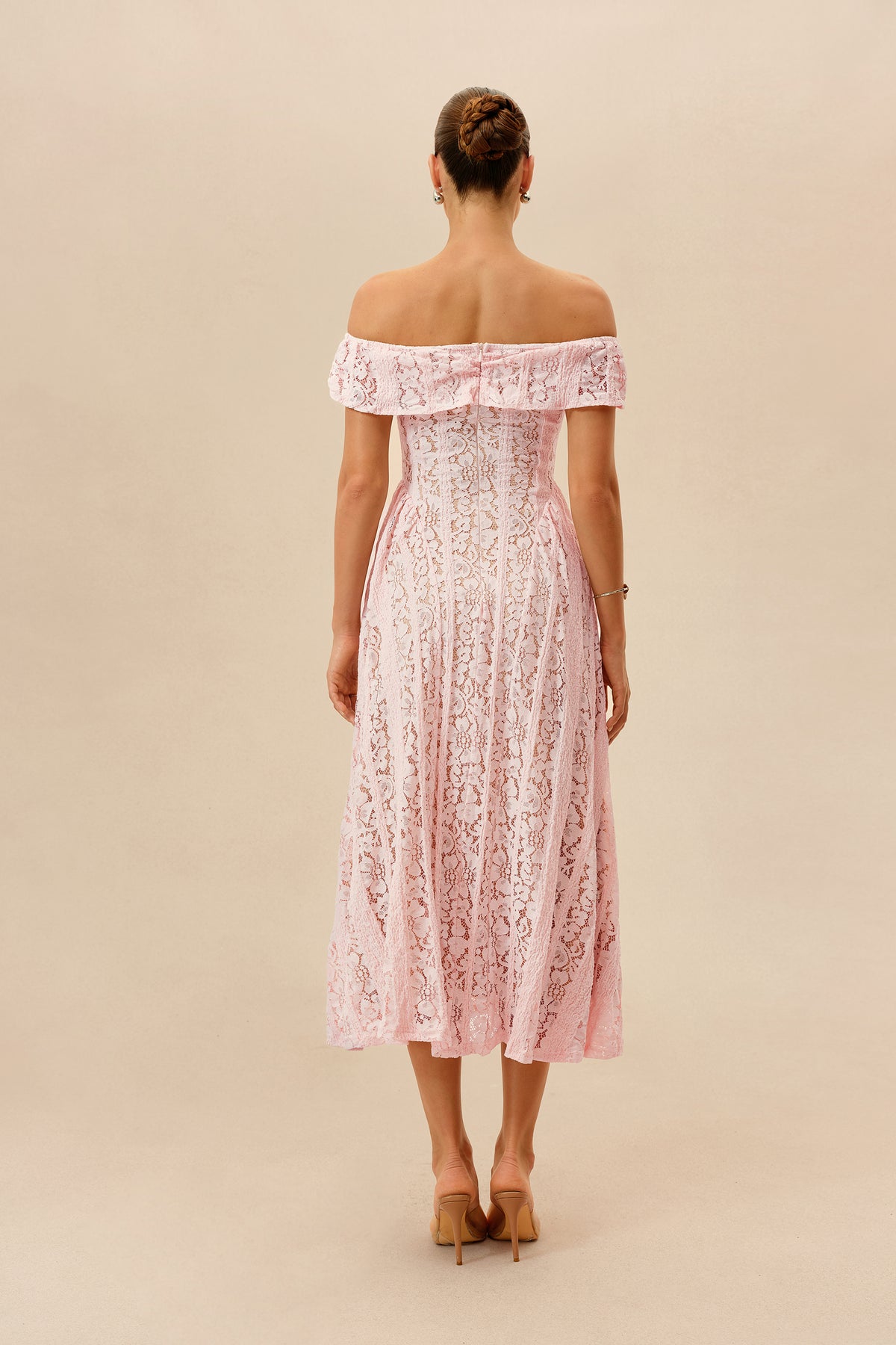 Off-Shoulder Floral Lace Midi Dress in Pink - view 4
