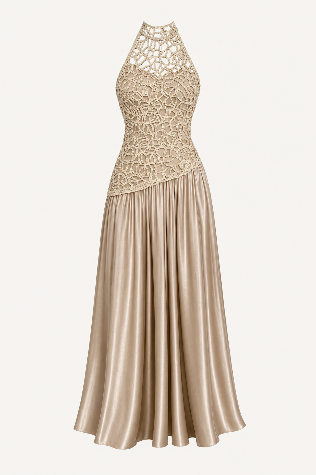 Champagne Lace Satin Crew Neck Maxi Dress