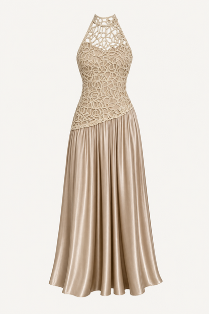 Champagne Lace Satin Crew Neck Maxi Dress