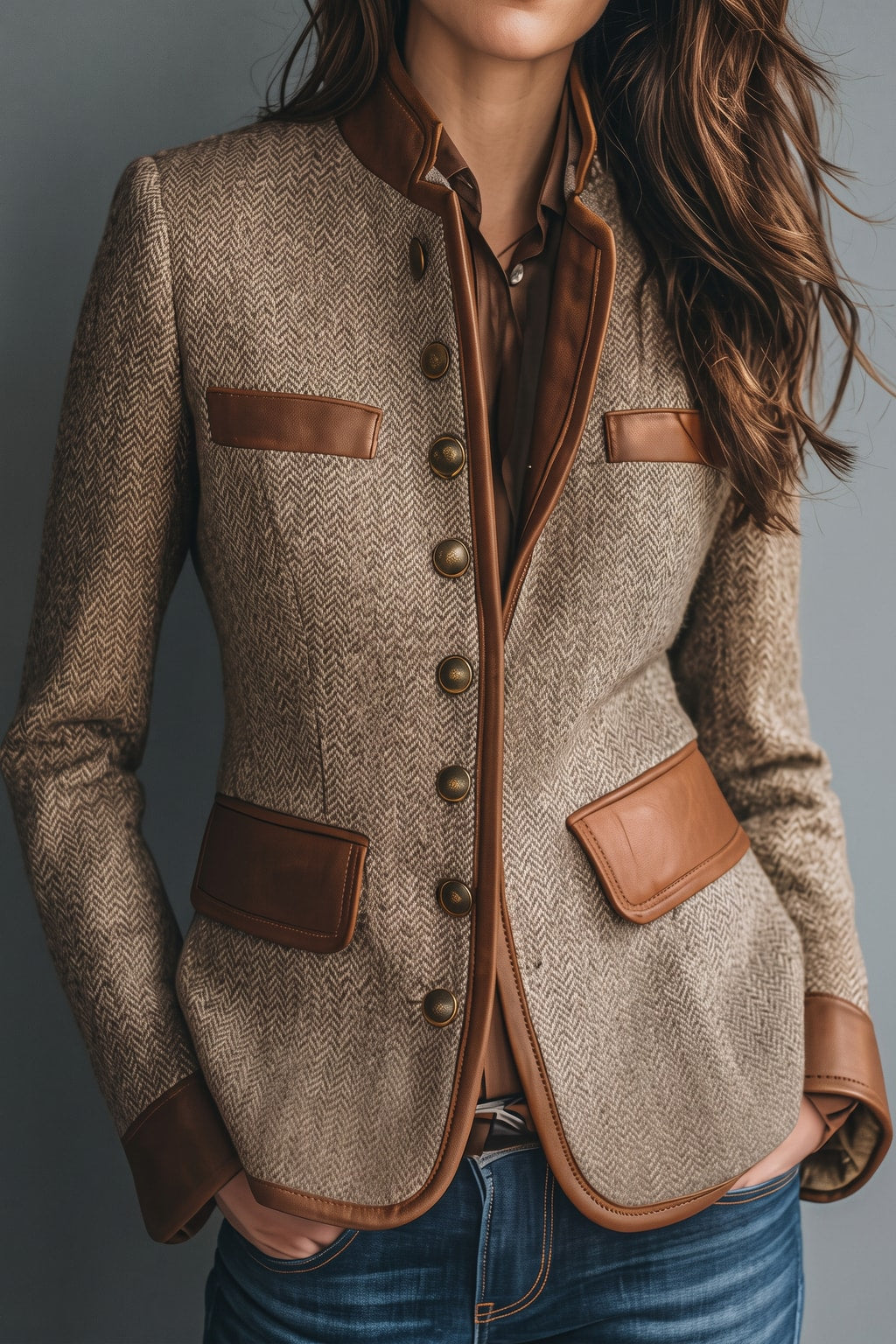Timeless Brown Tweed Jacket with Faux-Leather Trim - 3